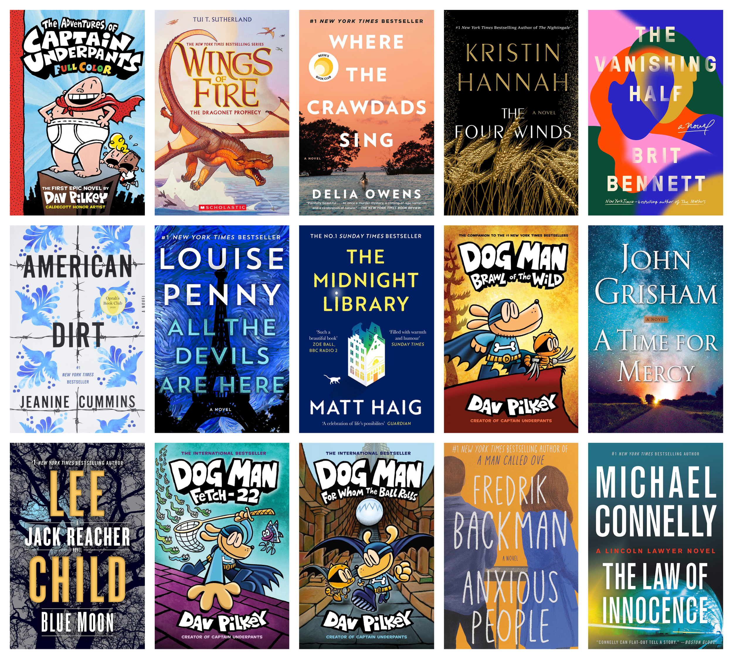 Collage of covers of the 15 most-borrowed print books in 2020 and 2021 in Canadian public libraries