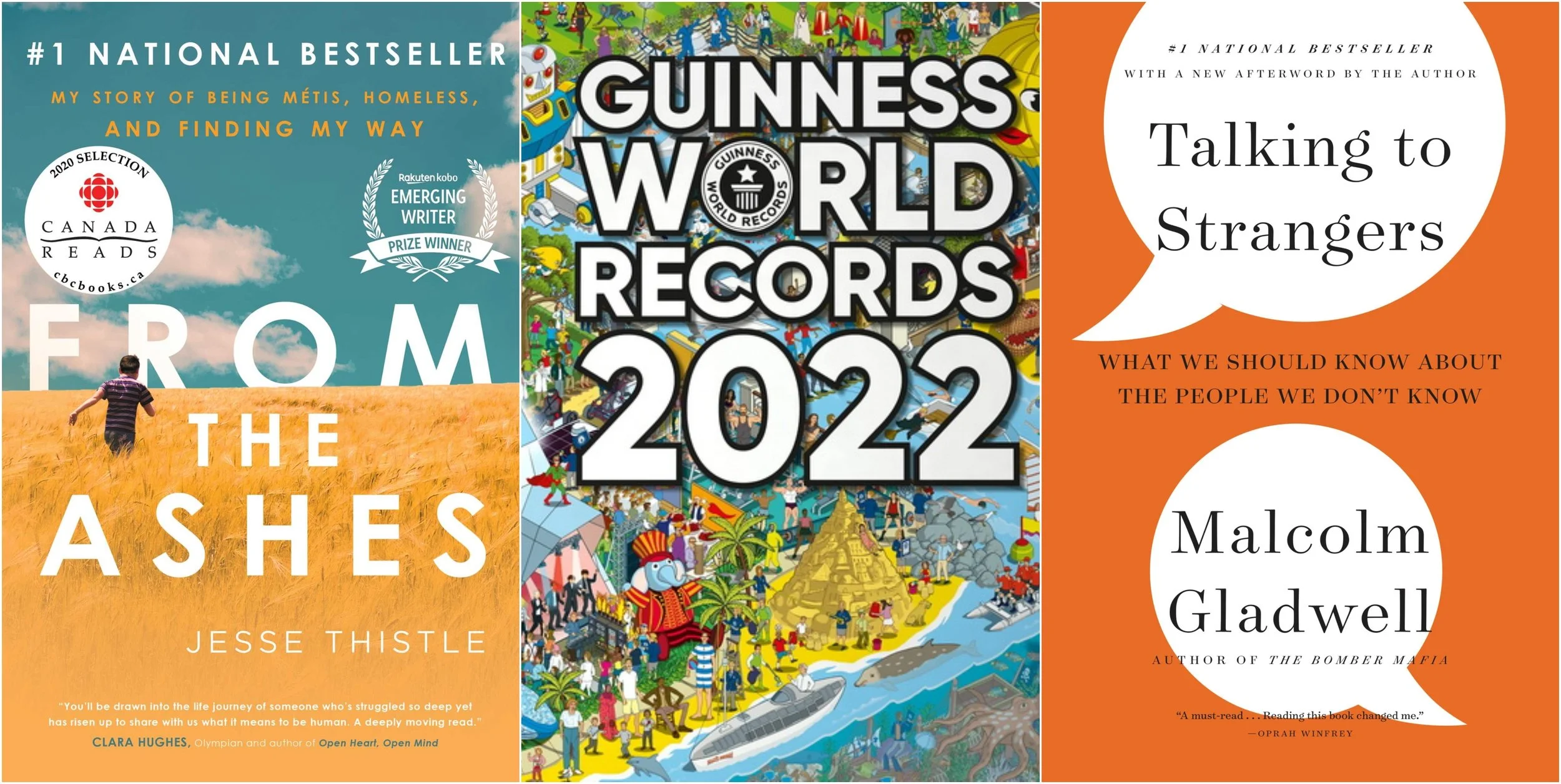 Book cover images for From the Ashes by Jesse Thistle, Guinness World Records collection, Talking to Strangers by Malcolm Gladwell