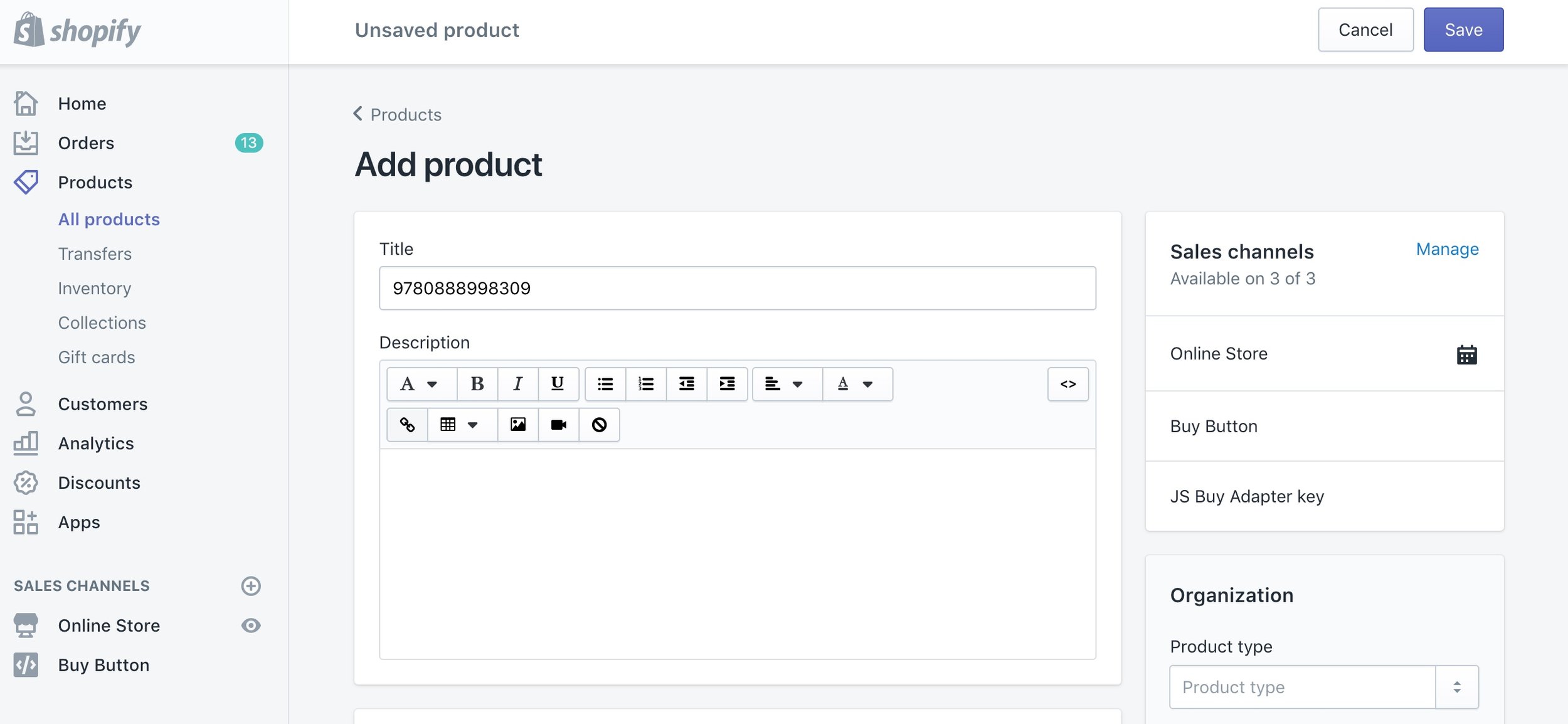 Screen capture of the Shopify admin dashboard showing the BiblioShare Shopify App - Product section