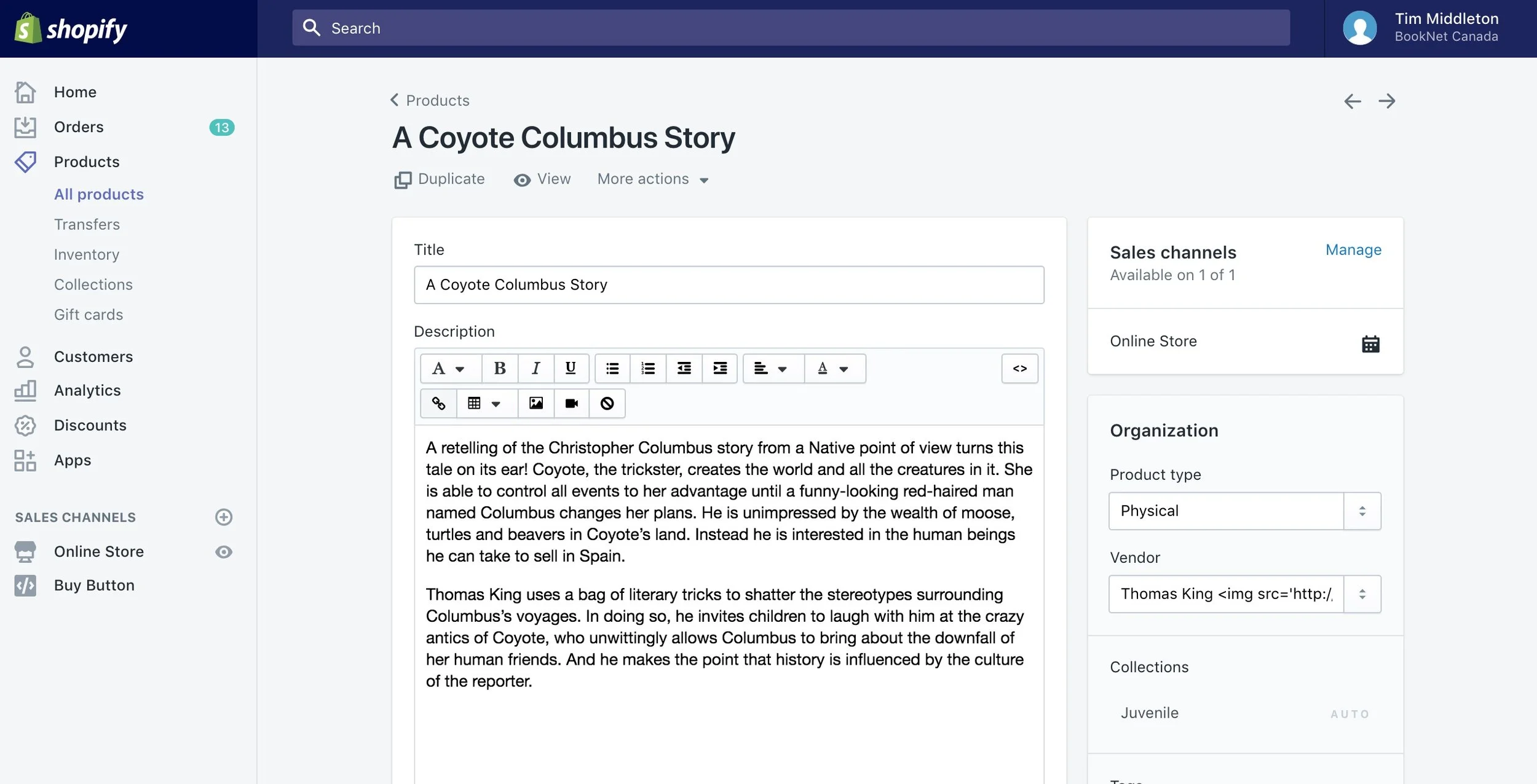 Screen capture of the Shopify admin dashboard showing the BiblioShare Shopify App - Product page