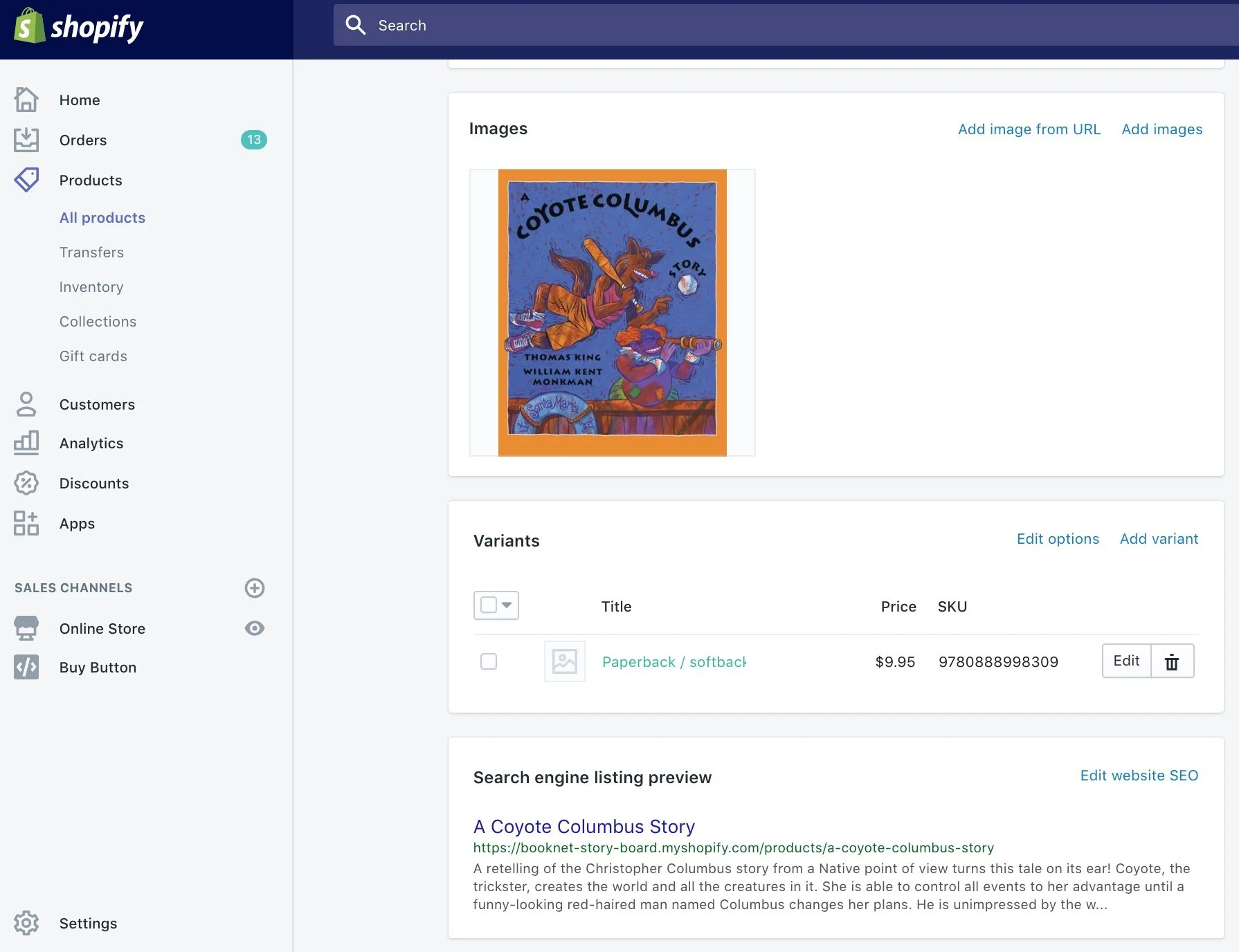 Screen capture of the Shopify admin dashboard showing the BiblioShare Shopify App - Product page
