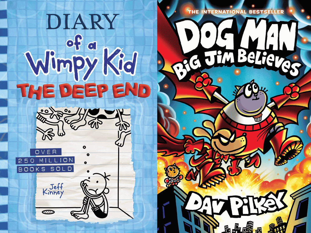 Book covers of The Deep End (Diary of a Wimpy Kid #15) by Jeff Kinney & Dog Man: Big Jim Believes: A Graphic Novel (Dog Man #14) by Dav Pilkey