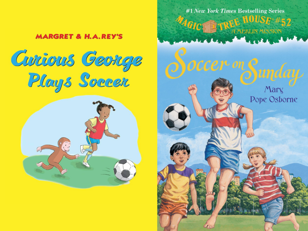 Book covers for Curious George Plays Soccer by H. A. Rey & Soccer on Sunday by Mary Pope Osborne and Sal Murdocca.