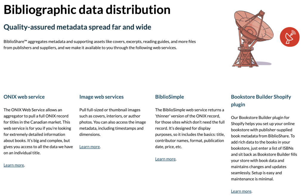 Screen capture of the updated Bibliographic data distribution page showing four of our seven services and descriptions side by side.