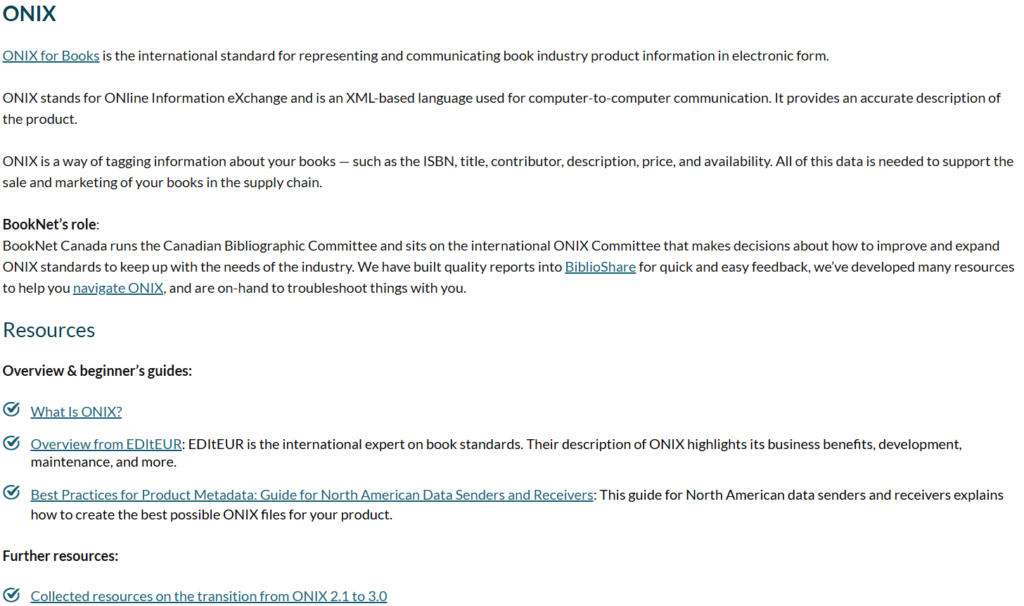 Screen capture of the ONIX section of the revamped standards page.