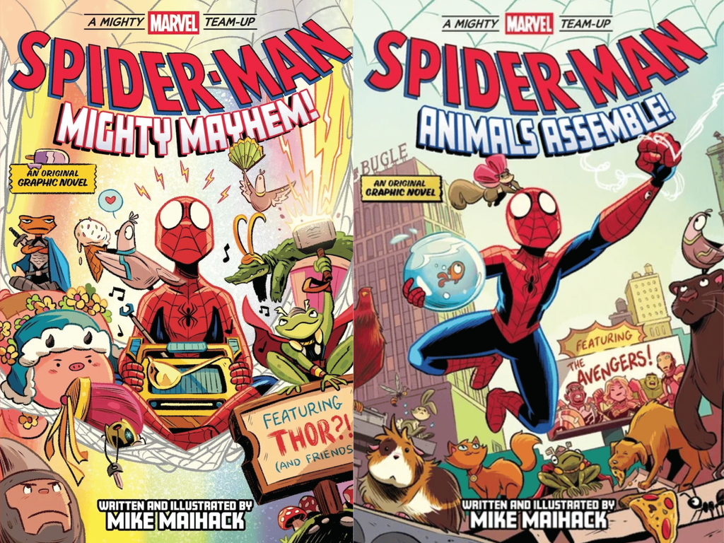 Book covers for Spider-Man: Mighty Mayhem! and Spider-Man: Animals Assemble! by Mike Maihack