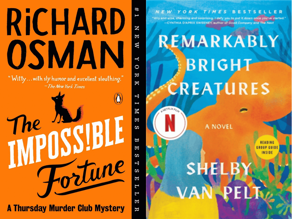 Book covers for The Impossible Fortune by Richard Osman and Remarkably Bright Creatures by Shelby Van Pelt.